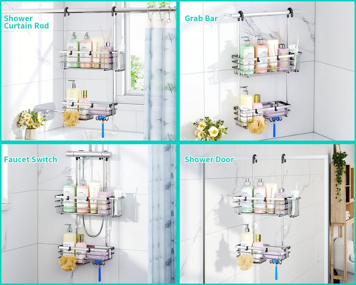 HapiRm Hanging Shower Caddy Organizer - No Drilling Shower Shelves with Hooks and Toothbrush Holder, Rustproof 304 Stainless Steel Bathroom Organizer - Silver