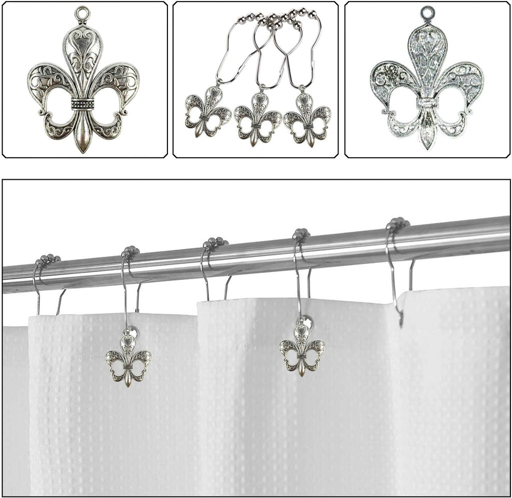 Set of 12 Fleur De Lis Shower Curtain Hooks French Lily Royal Heraldry French Cottage Chic Historical Theme Style Decorative Home Bathroom Stainless Steel Rustproof (Silver)