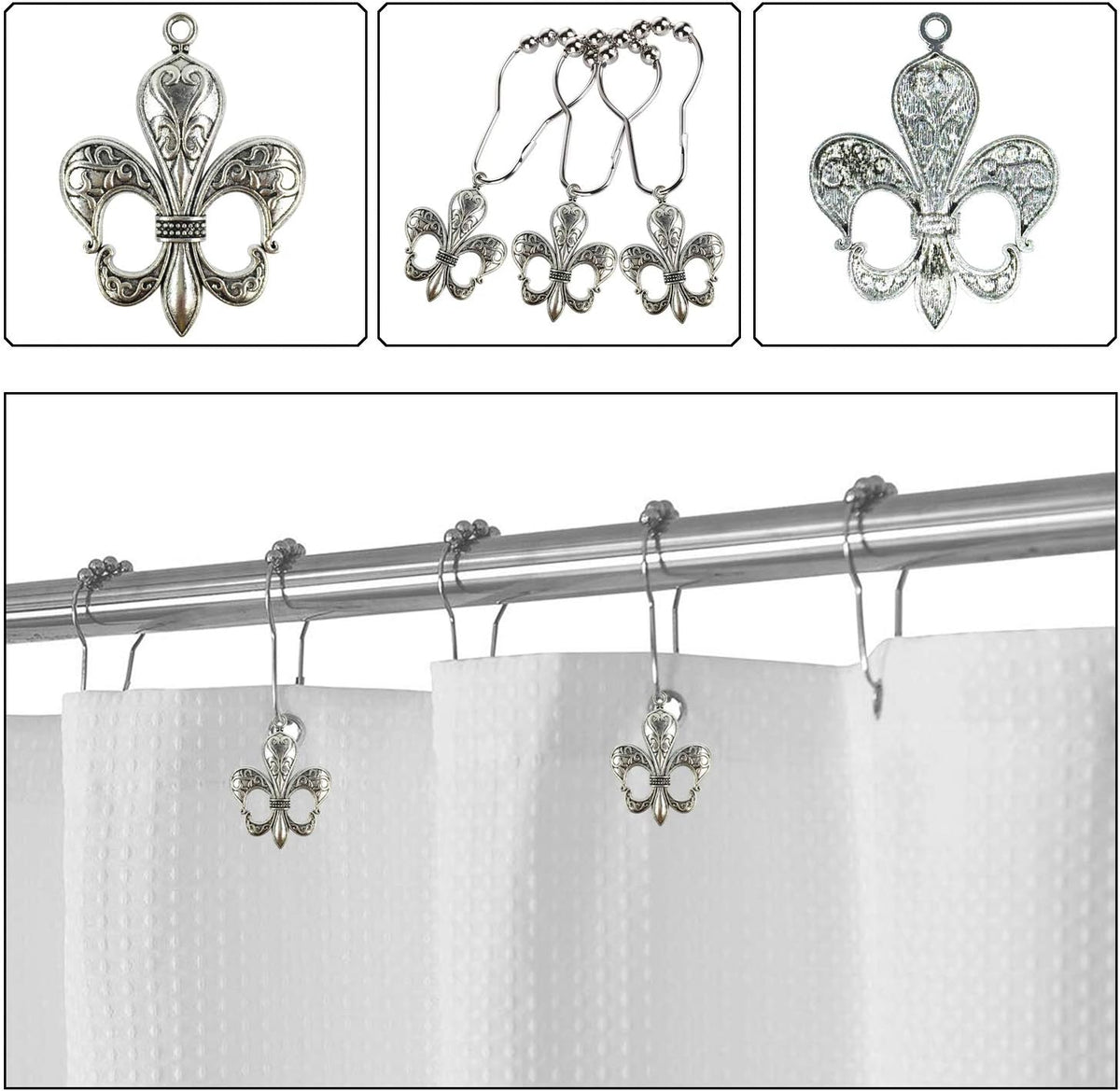 Set of 12 Fleur De Lis Shower Curtain Hooks French Lily Royal Heraldry French Cottage Chic Historical Theme Style Decorative Home Bathroom Stainless Steel Rustproof (Silver)