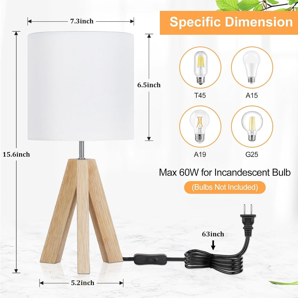 Brightever Small Beside Table Lamp, Wood Tripod Table Lamp with White Fabric Shade, Cute Boho Nightstand Minimalist Desk Lamp for Bedroom Living Room Nursery Kids Room Office Dorm, Bulb Not Included