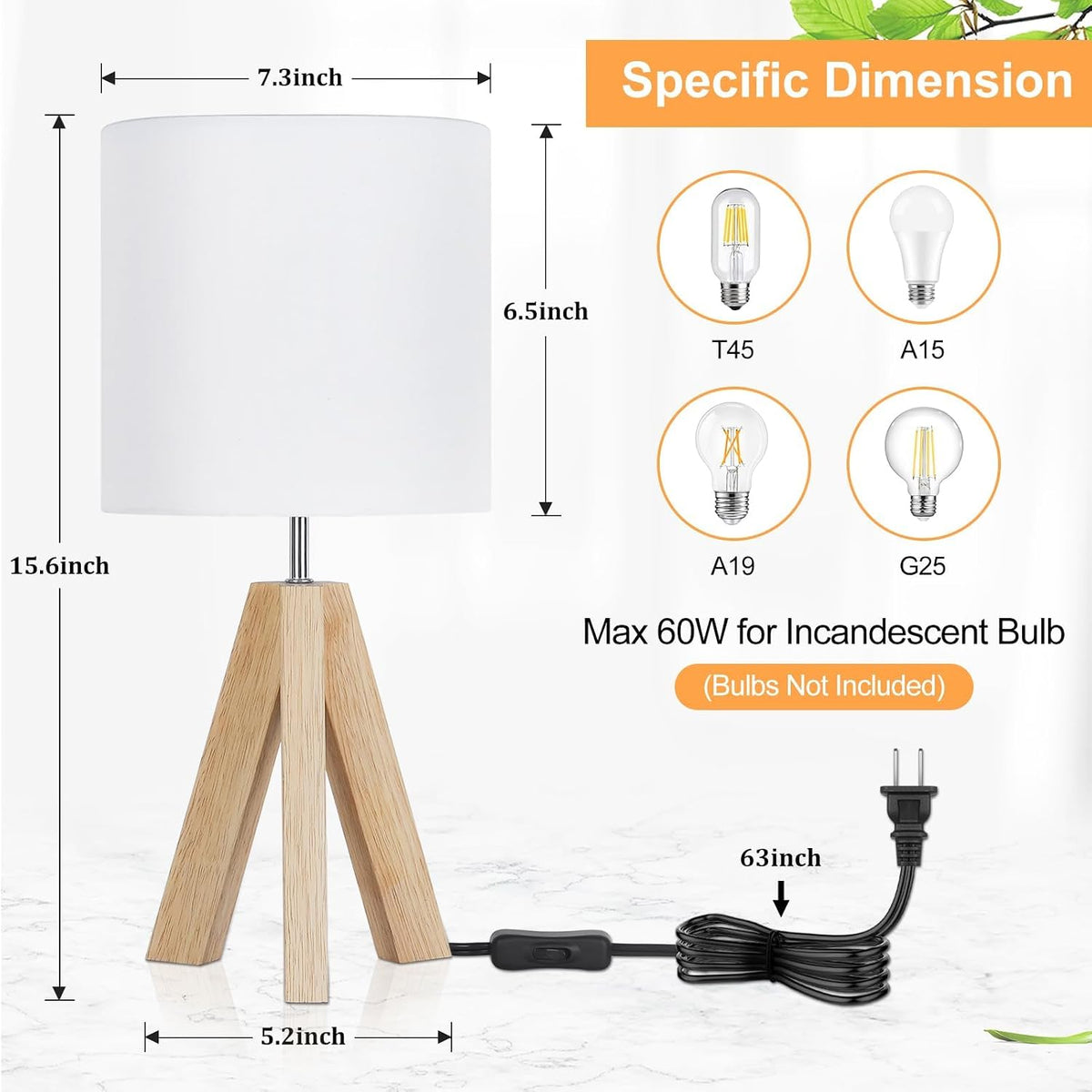 Brightever Small Beside Table Lamp, Wood Tripod Table Lamp with White Fabric Shade, Cute Boho Nightstand Minimalist Desk Lamp for Bedroom Living Room Nursery Kids Room Office Dorm, Bulb Not Included