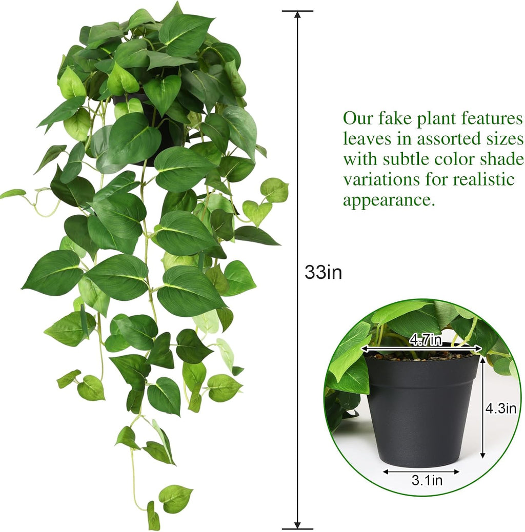 CEWOR Fake Plants Indoor 2 Packs 33" Fake Pothos Hanging Plants with Plastic Pot for Home Office Indoor Decor (Green)