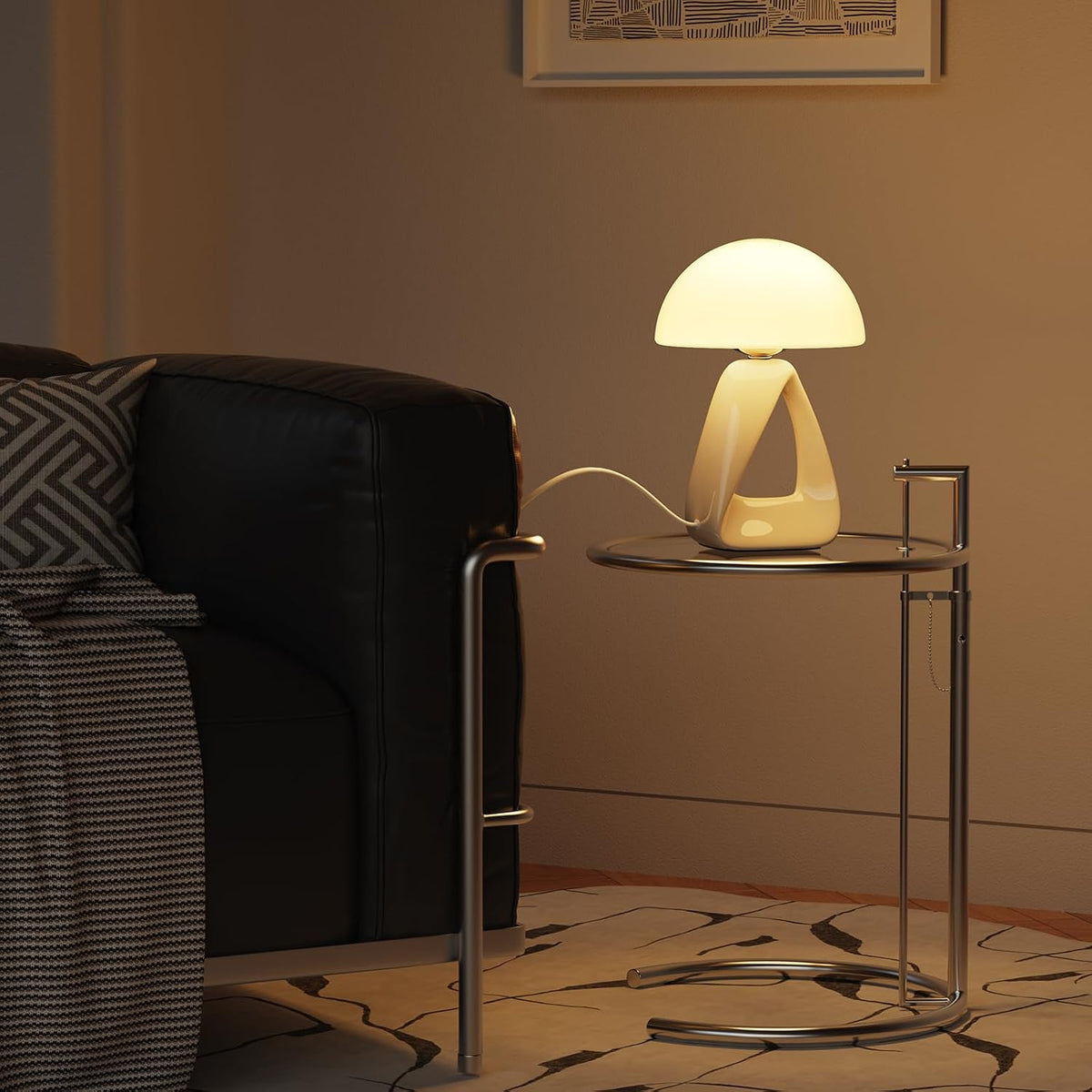 Mushroom Lamp, Small Table Lamp for Bedroom, Creative Geometric Ceramic Base Bedside Lamp, Mid Century Modern Side Table Lamp for Living Room Nightstand, Unique Aesthetic Home Decor Gift Ideas, White