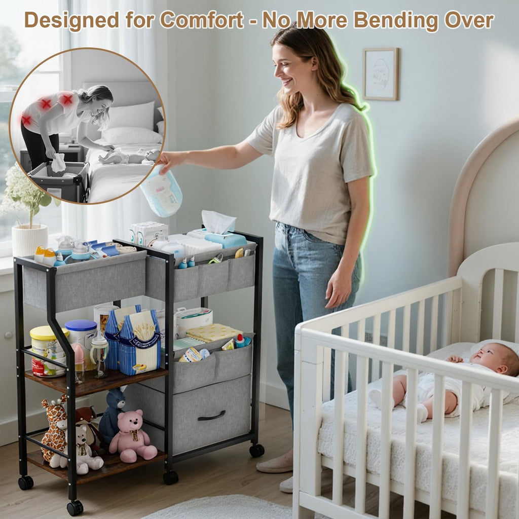Baby Diaper Caddy Organizer and Storage, 3 Tier Rolling Cart with Dividers and Drawers, Mobile Utility Cart with Wheels for Nursery, Bedroom, Baby Newborn Essentials Storage Cart, Black