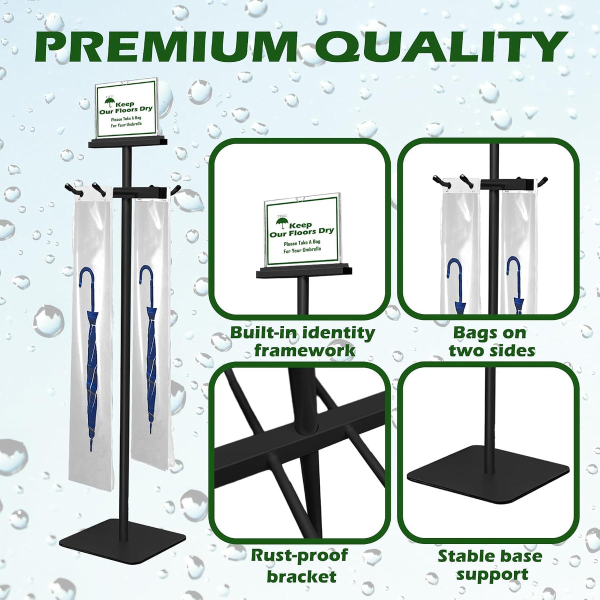 Umbrella Bag Stand, Wet Umbrella Stand with 220 Umbrellas Bags, Black