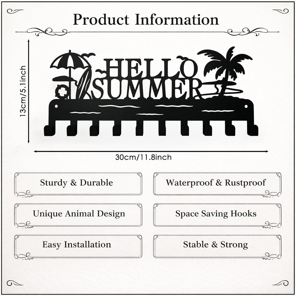 Metal Key Holder Wall Mount, Coastal Beach Key Rack Hooks, Hello Summer