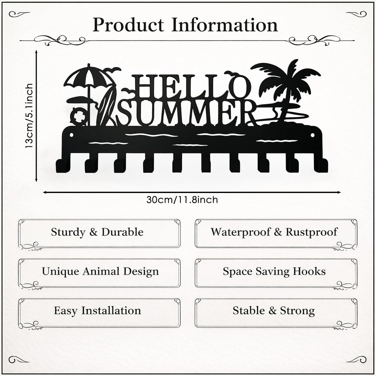 Metal Key Holder Wall Mount, Coastal Beach Key Rack Hooks, Hello Summer