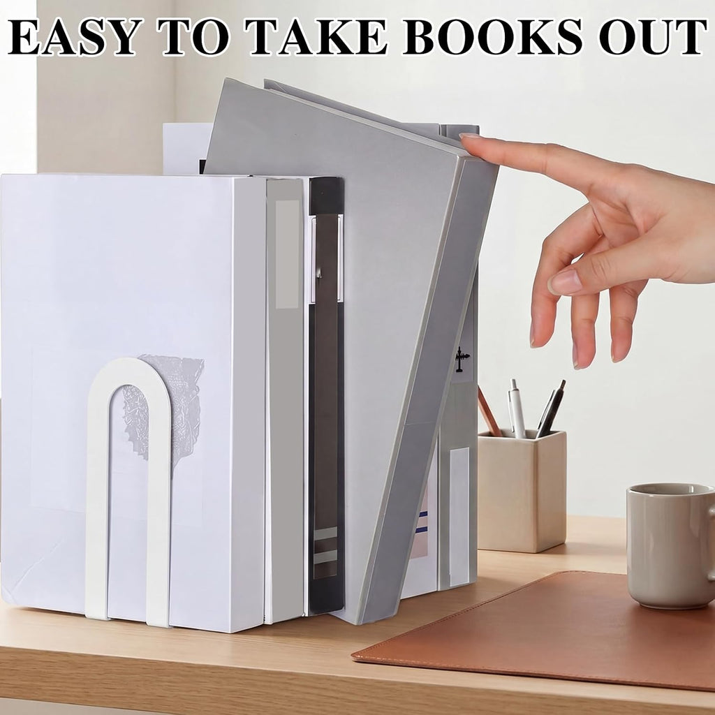 Chunful 6 Pcs White Modern Metal Book Ends for Shelves Decorative Small Bookends Book Shelf Organizer Minimalist Design Stopper to Hold Books for Office (Round)