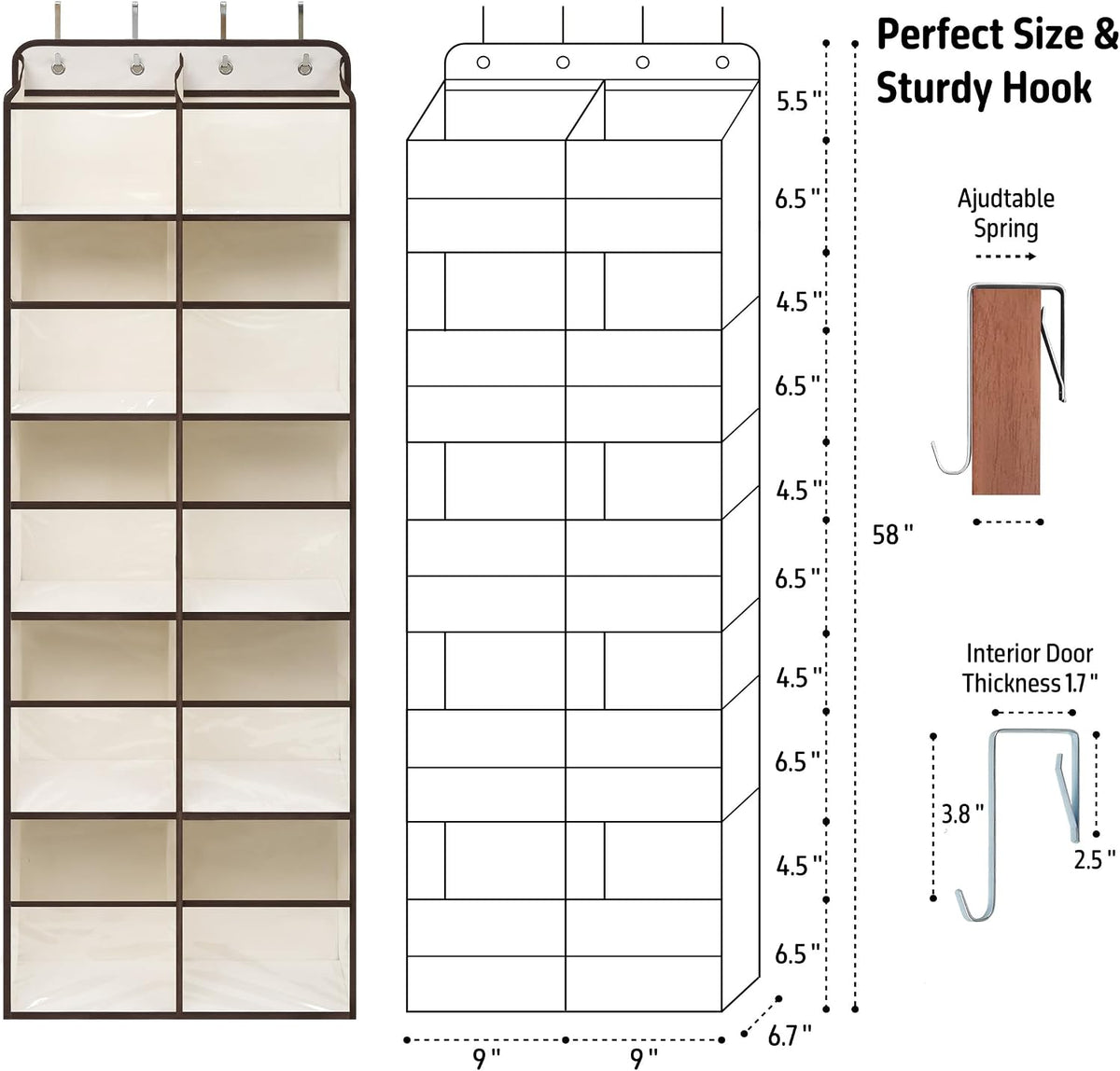 White Over Door Organizer with 10 Large Front Pockets and 6 Side Mesh Pockets, Double-Row Hanging Door Storage for Closet, Bathroom, Nursery, Bedroom, Dorm, Toys, Toiletries, Baby Essentials