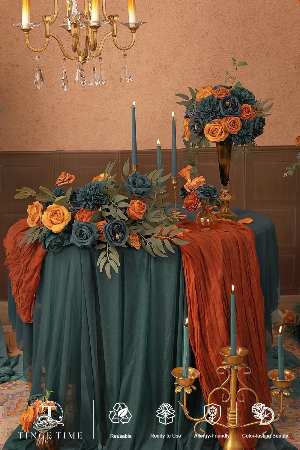 TINGE TIME Artificial Flowers Fall Flowers Combo Box Set, 16PCS Fake Rose Silk Flower w/Stem for DIY Wedding Bouquets Centerpieces Baby Shower Party Home Spring Decoration (Burnt Orange & Dark Teal)