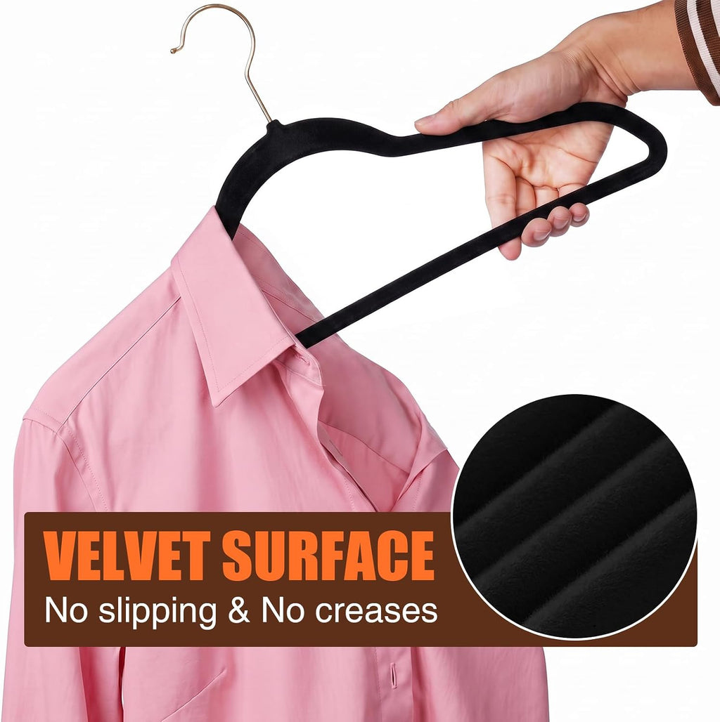 Flottian 60 Pack Black Velvet Hangers Non Slip,Felt Hangers with Gold Hook