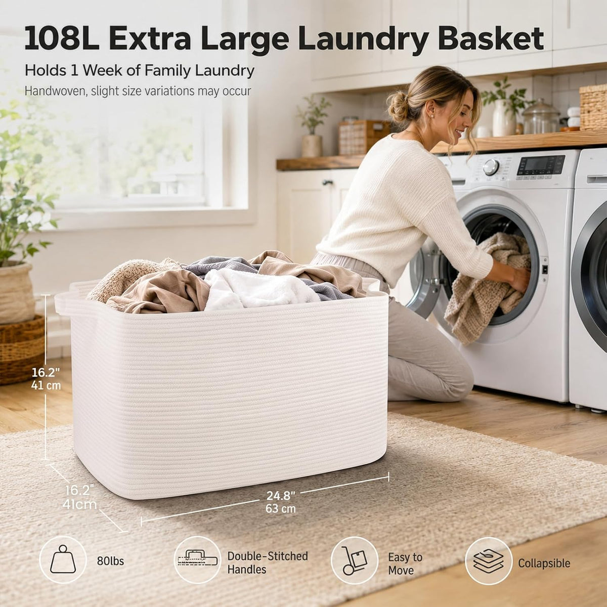 OIASKET 108L Extra Large Blanket Basket Living Room, 24.8" x 16.2" x 16.2"