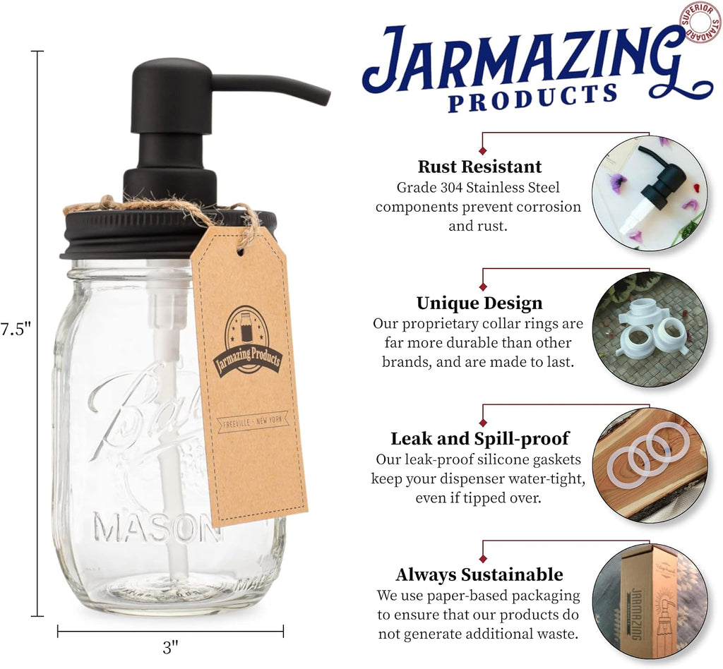 Jarmazing Products Mason Jar Soap Dispenser - Black - 16 oz Ball Mason Jar Liquid Dispenser for Kitchen & Bathroom - Glass - Dish Soap Dispenser with Rust Proof Stainless Steel Pump & Lid