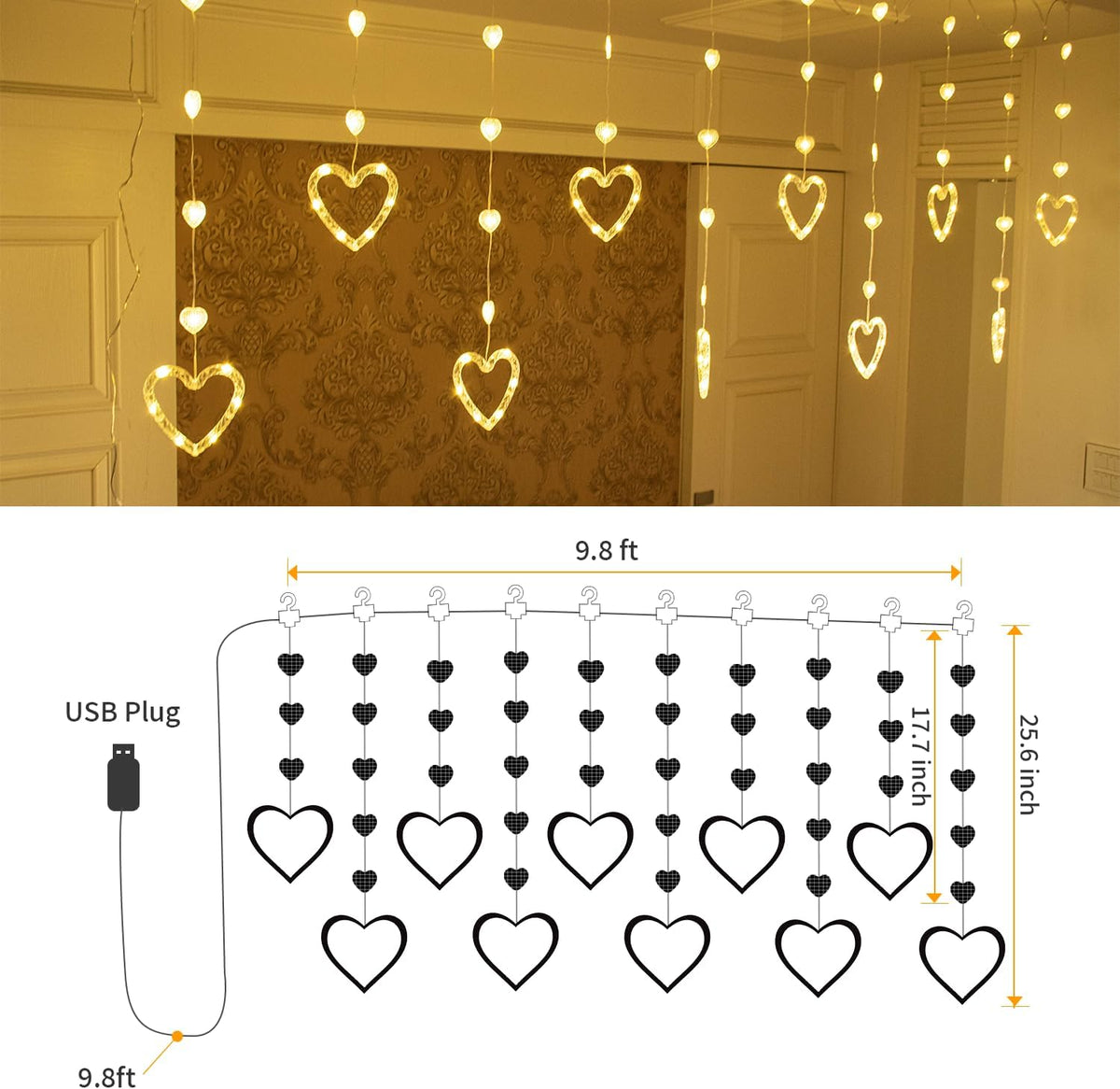 YOLIGHT Heart Curtain Lights, 9.8ft Valentine's Day Window Lights, USB Plug LED Hearts String Lights, Light up Heart Hanging Lights for Valentines Mother's Day Room Decoration (Warm White)