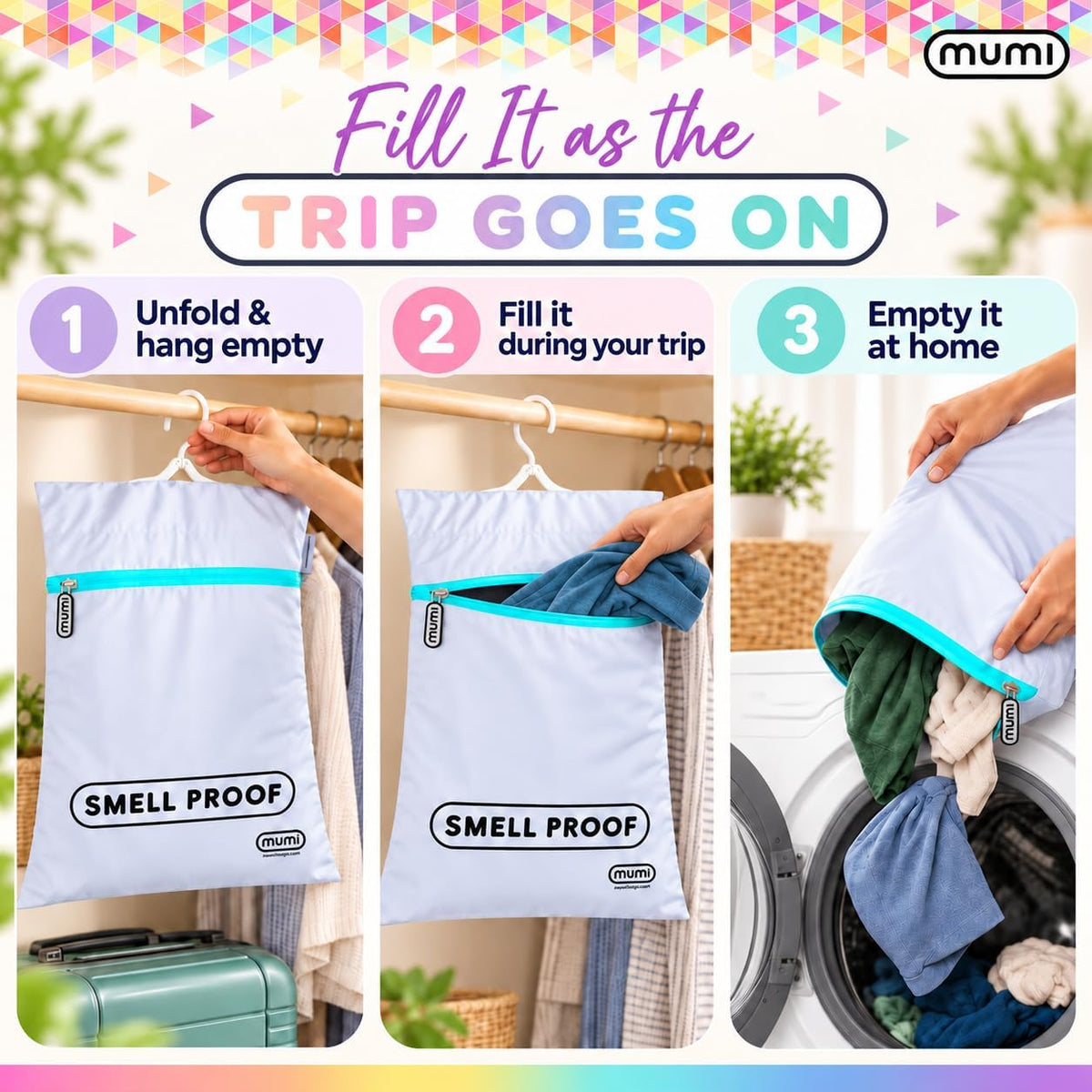 MUMI Smell-Proof Travel Laundry Bag with Folding Hanger, Purple