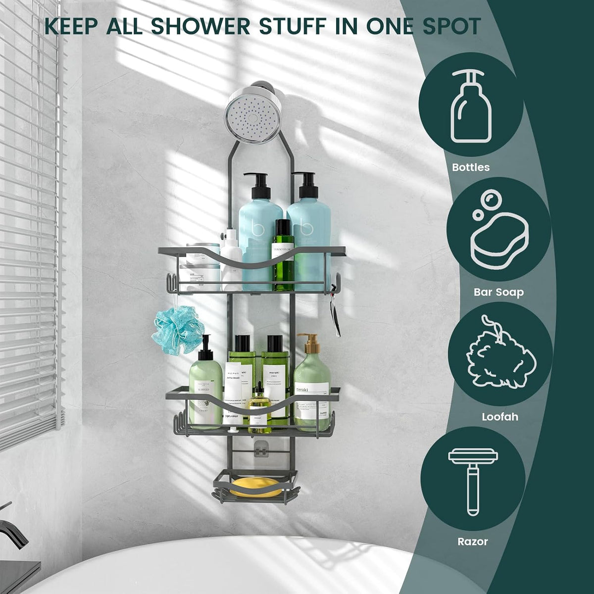 REINHARDT Adjustable Shower Caddy Hanging Rustproof Shower Organizer, Grey