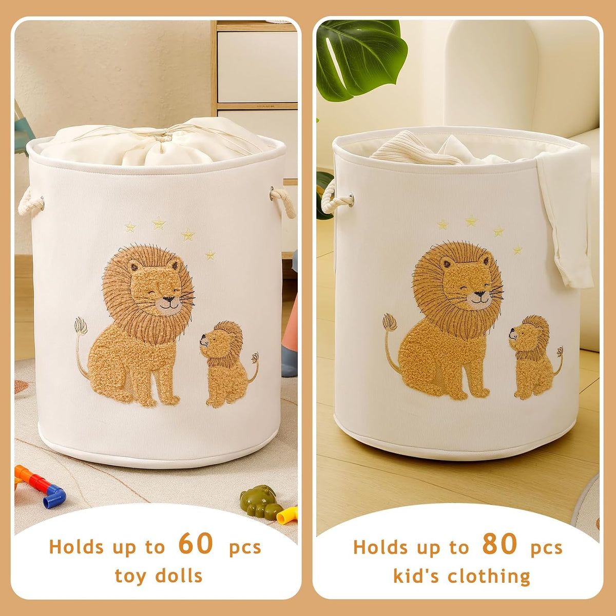 Kids Laundry Basket Baby Hamper for Nursery, 58L Large Dirty Clothes Hampers with Drawstring Closure, Jungle Theme Baby Basket, Stuffed Animal Storage Basket Laundry Hamper, Safari Nursery Decor, Lion