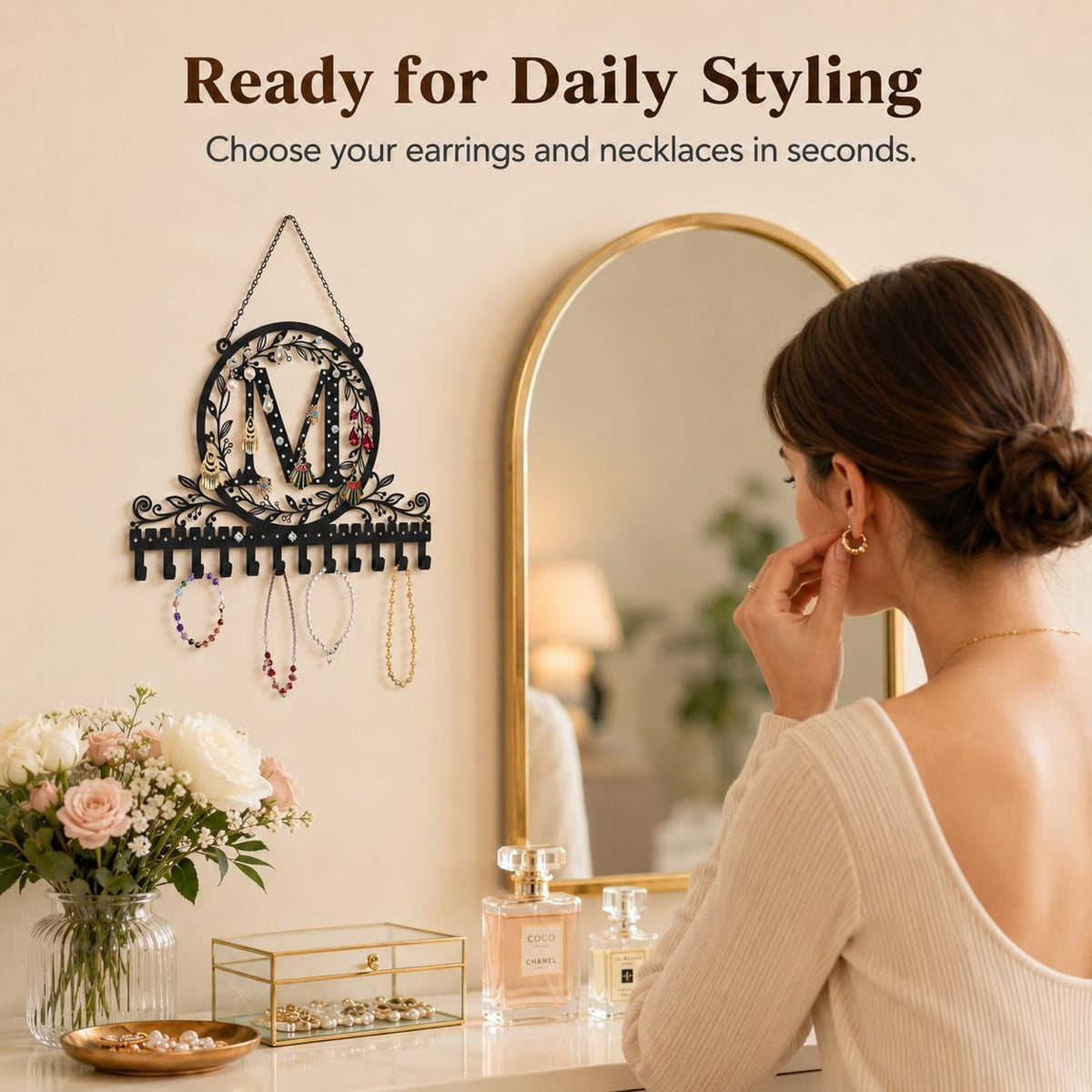 Personalized Wall Mounted Metal Initial Letter M Earring Holder Jewelry Organizer for Earrings and Necklaces Space Saving Wall Display with Hooks Jewelry Storage Bedroom Vanity Gift for Women