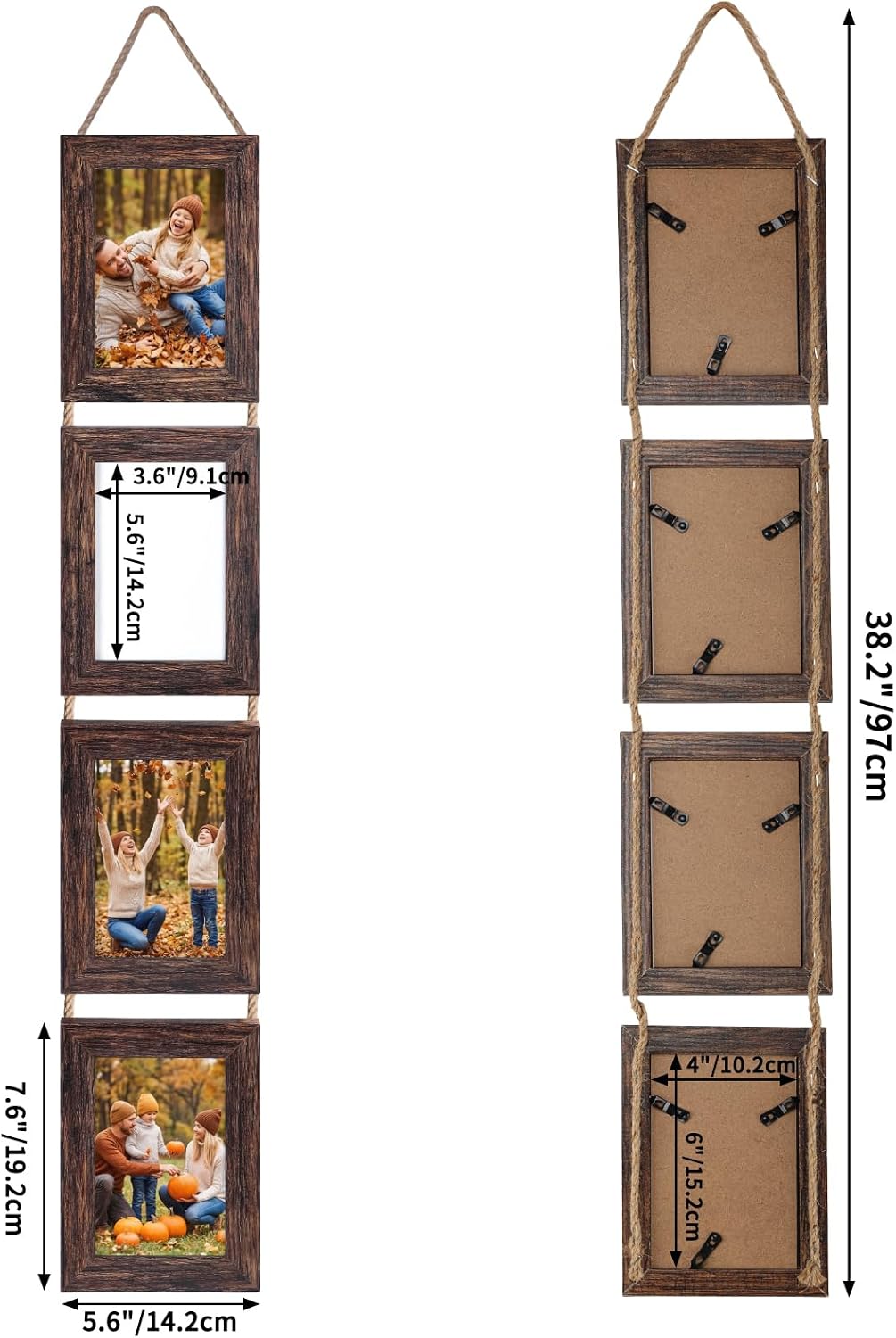 QUTREY 4x6 Collage Picture Frames, 8 Openings Vertical Hanging Photo Frame Set of 2, 4 by 6 inch Multi Picture Frames for Wall, Distressed Brown