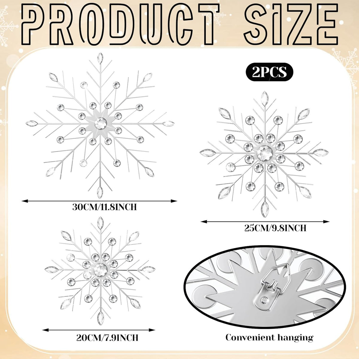 Hicarer 4 Pcs 12" 10" 8" Snowflake Metal Wall Art Rhinestones 3D Decor Christmas Silver Hanging Metal Artwork Wall Decor Glitter Crafts Snowflake Decorations for Living Room (Transparent White)