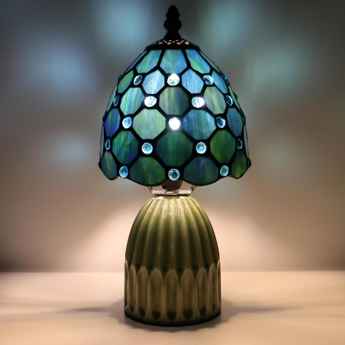 Tiffany Stained Glass Mushroom Table Lamp 12.5 Inch -Sea Blue Pearl