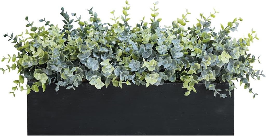 Winlyn 14" Artificial Eucalyptus Arrangement Faux Eucalyptus Plants in Black Rectangular Wooden Planter Box Artificial Potted Plant for Farmhouse Home Wedding Table Centerpiece Shelf Greenery Décor