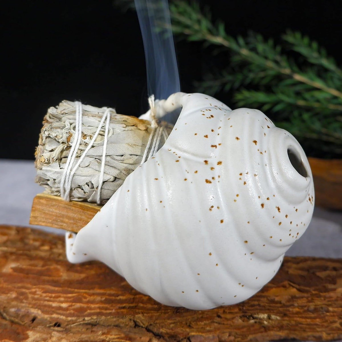 MOUGIGI Ceramic Conch Palo Santo Burner Holder - Mini Chiminea Incense