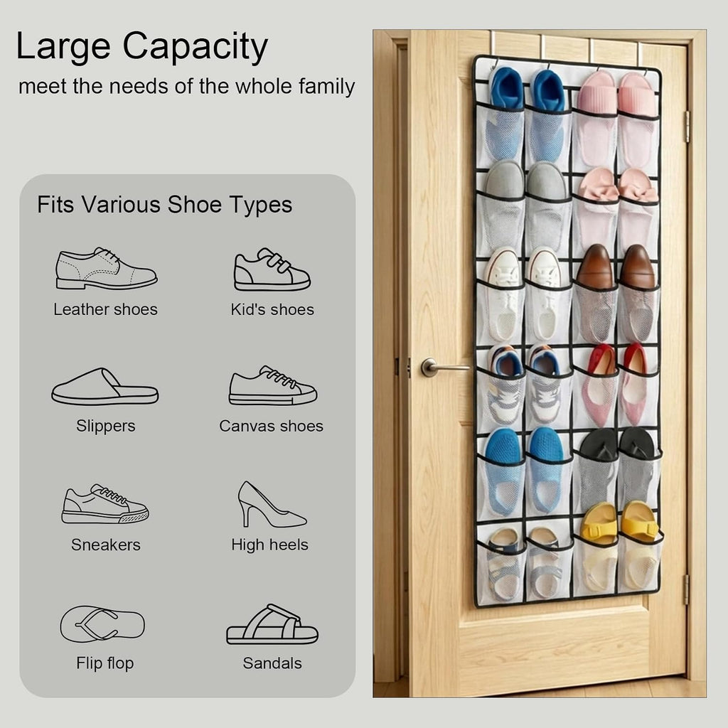 24 Pockets Over The Door Shoe Organizer, Large Breathable Mesh Hanging Shoe Rack with 4 Metal Hooks, Space Saving White Over Door Shoe Storage Holder Mesh Bag for Closet Entryway Bedroom Pantry