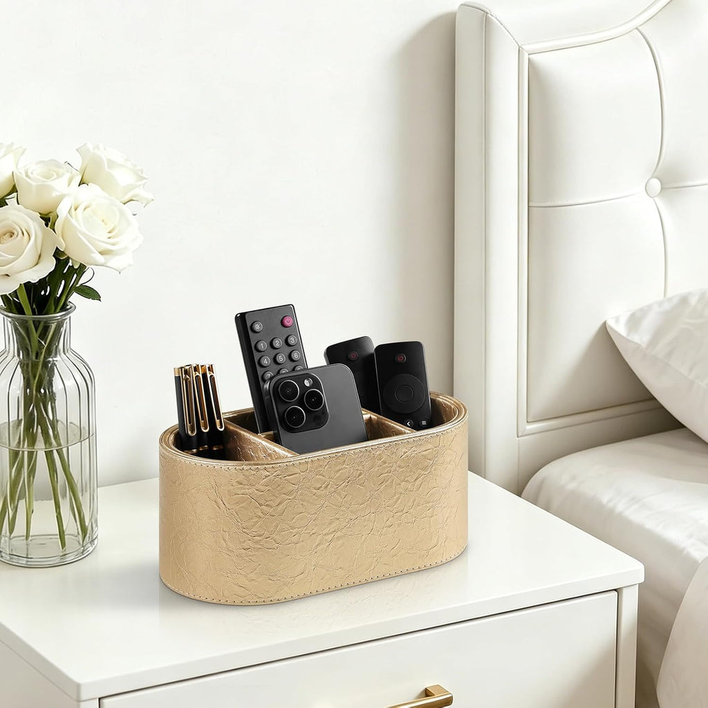 Oval Remote Control Holder, Nightstand Organizer Desk Caddy (Gold)