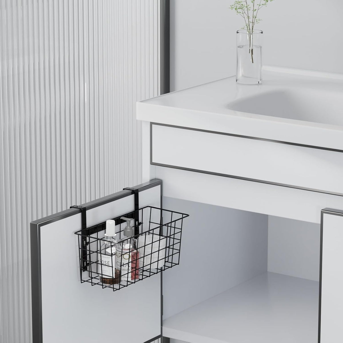 MaraFansie Basket with Hook, Grid Storage Basket, Over the Cabinet Door Organizer, Wire Hanging Basket with Hook Over the Railing, Under Sink Kitchen Cabinet, Pantry, Bathroom, Black, 4 Pack