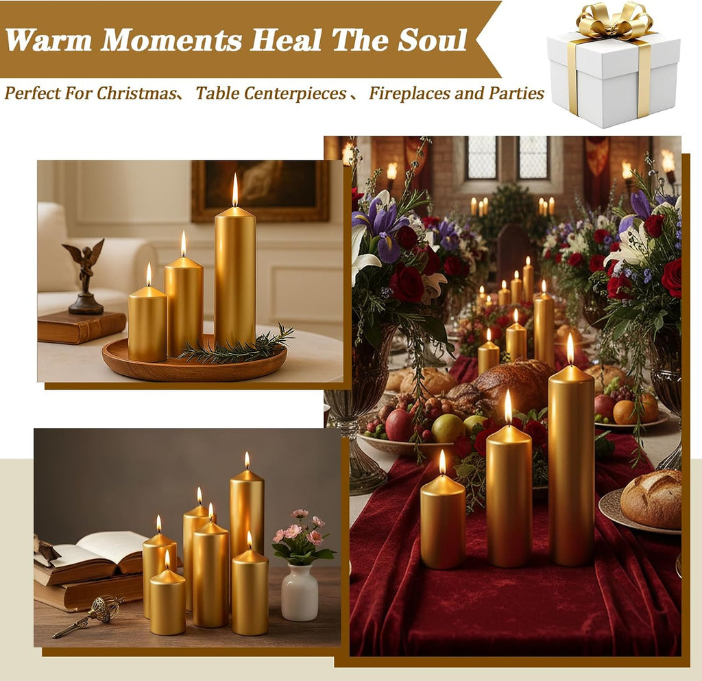 18 Pcs Gold Pillar Candles Bulk Set，Hurricane Candles，3 Different Lengths (6 Each)，Dripless Unscented Smokeless，Suitable for Decorating Christmas, Weddings, and Other Events！