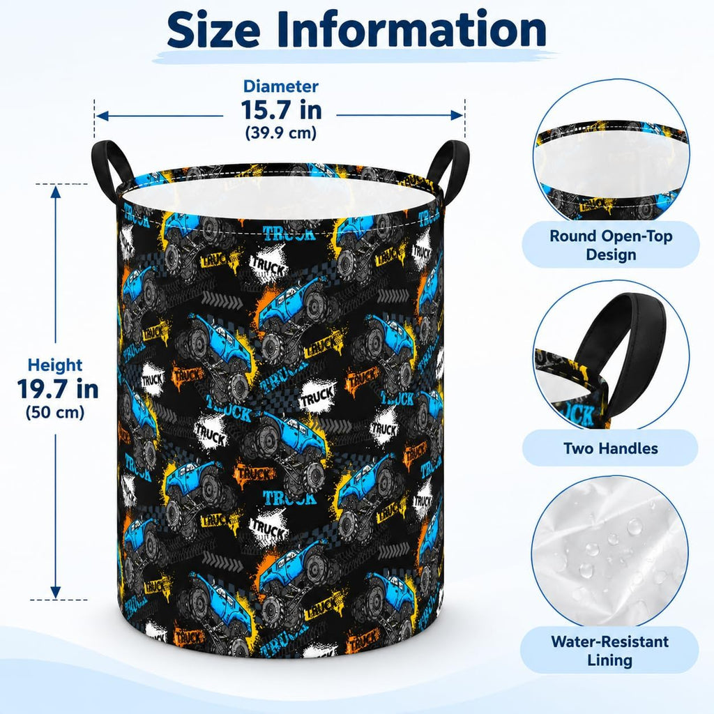 Truck Print Laundry Hamper, Collapsible Storage Basket with Handles