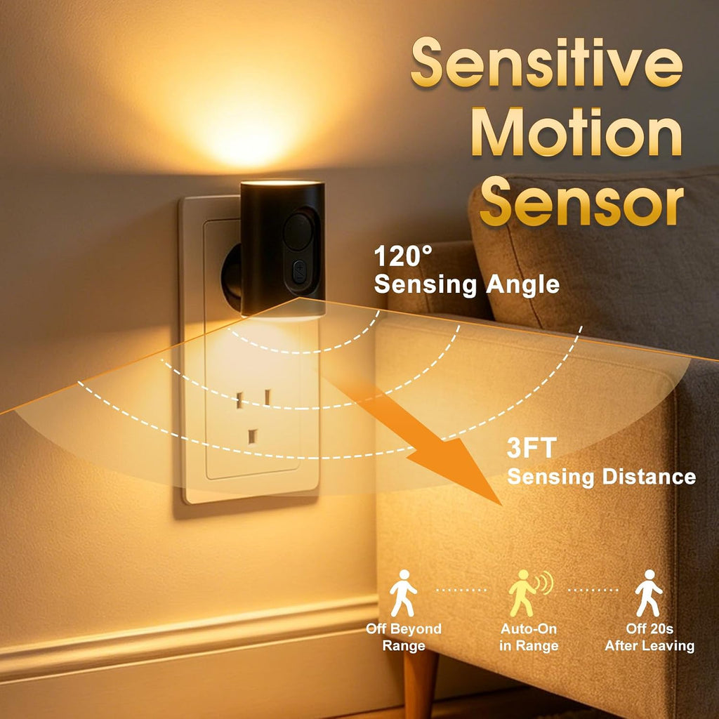 Plug in LED Night Light, Motion Sensor, Warm White Dimmable, Black 2 Pack