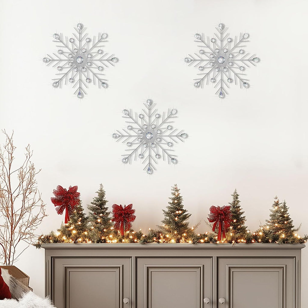 ZEXUIRU 3 Set Snowflake Wall Decor Living Room Bedroom Entryway Metal Bling, Crystal Rhinestone Starburst Sunburst Sparkling Wall Art Decor Silver Metal Christmas Decoration-Silver 13in