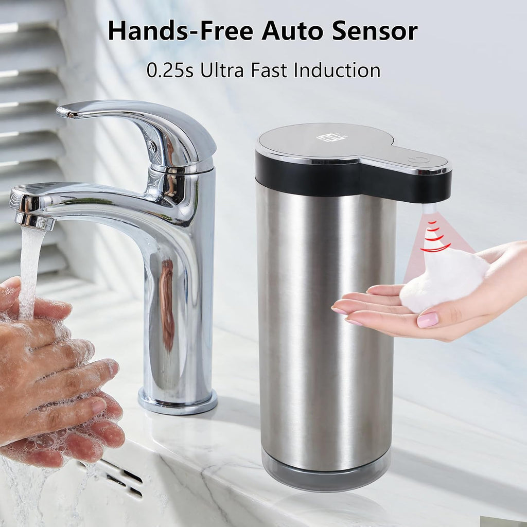 Automatic Foaming Soap Dispenser, Wall Mounted/Countertop Touchless 304 Stainless Steel Hand Soap Dispenser, Type-C Rechargeable LED Display, 4 Levels, IPX5 Waterproof, 12oz Kitchen/Bathroom, Black