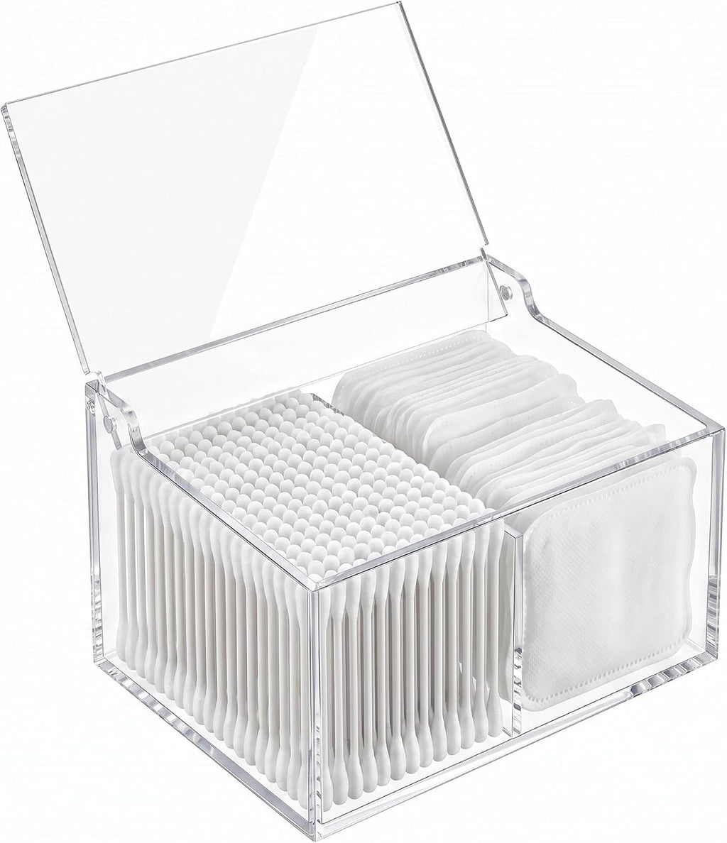 Clear Acrylic Qtip Holder Cotton Swab Ball Holder Qtip Organizer for Clean Skin Club Clean² Pads Cotton Pad and Swab Dispenser 2-Compartment with Flip-Top Lid, Bathroom Organizer
