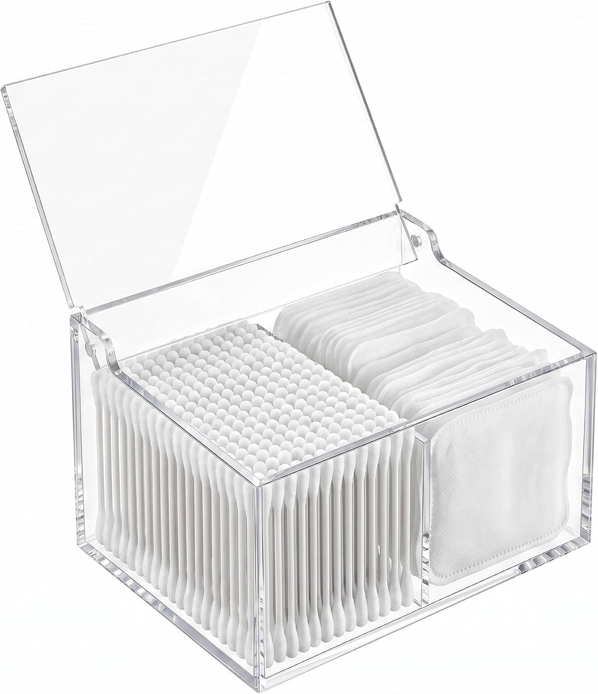 Clear Acrylic Qtip Holder Cotton Swab Ball Holder Qtip Organizer for Clean Skin Club Clean² Pads Cotton Pad and Swab Dispenser 2-Compartment with Flip-Top Lid, Bathroom Organizer