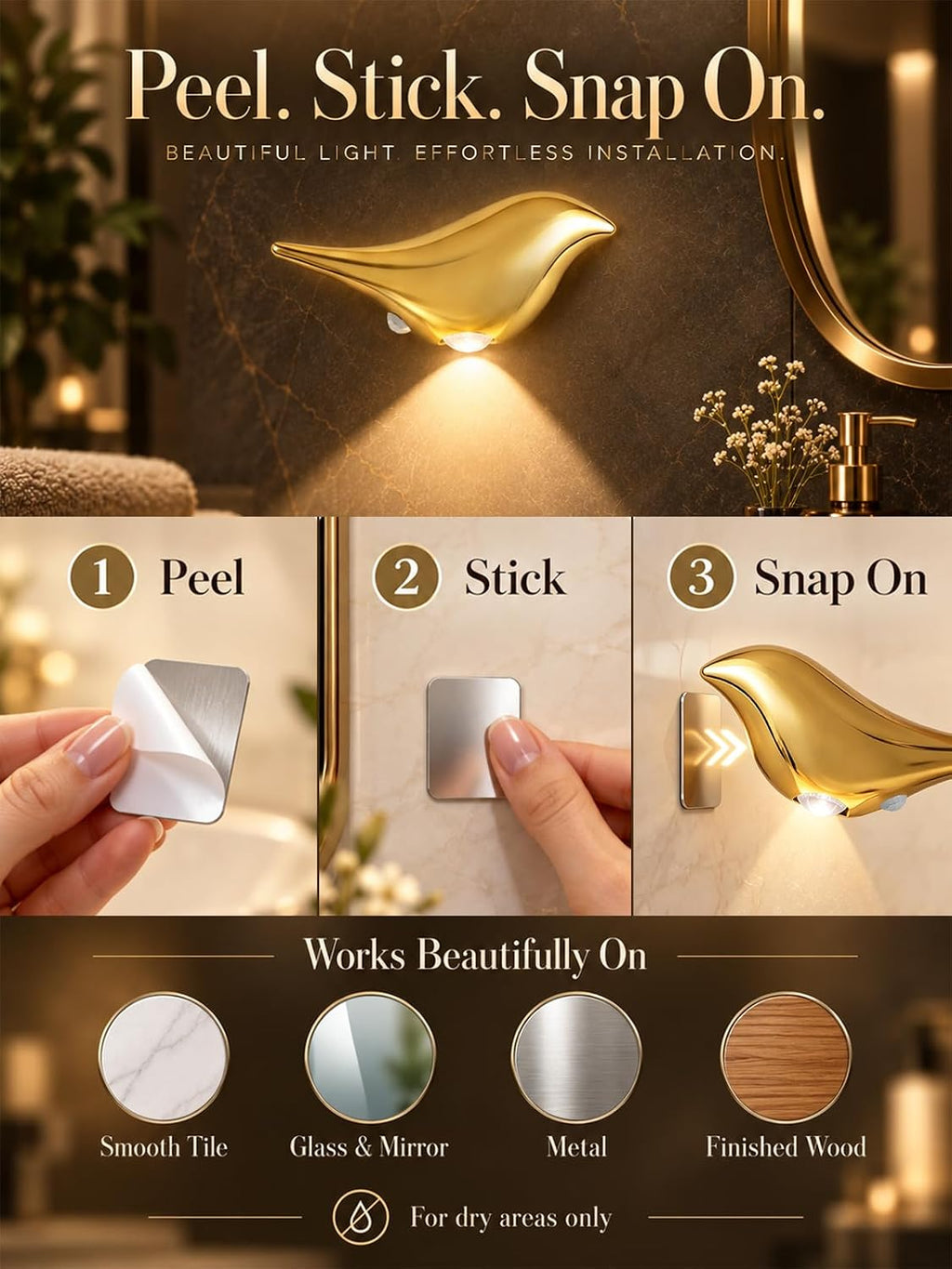 Cordless Gold Wall Lights for Bathroom: Decorative Bird Sculpture 2 Pack