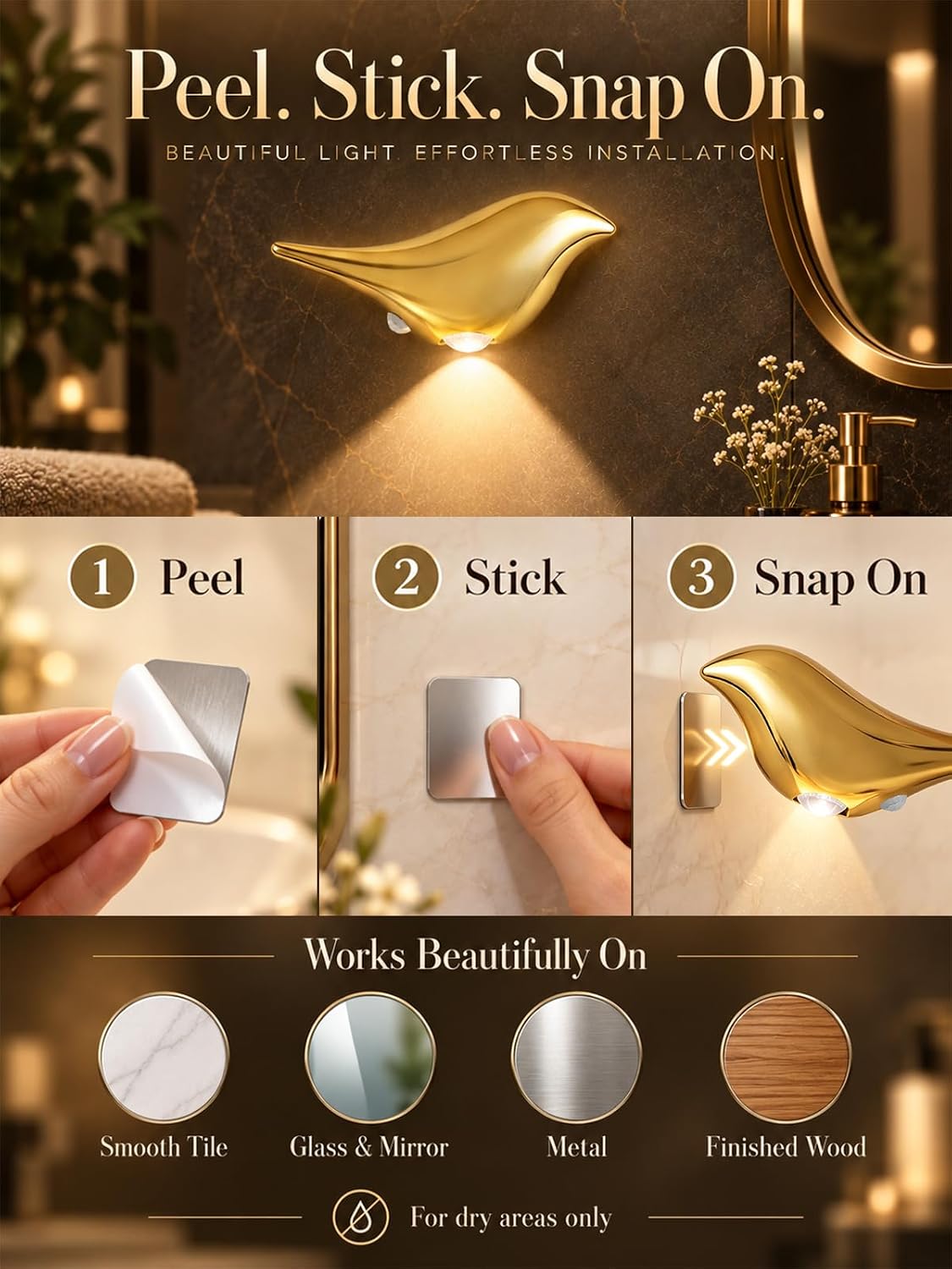 Cordless Gold Wall Lights for Bathroom: Decorative Bird Sculpture 2 Pack