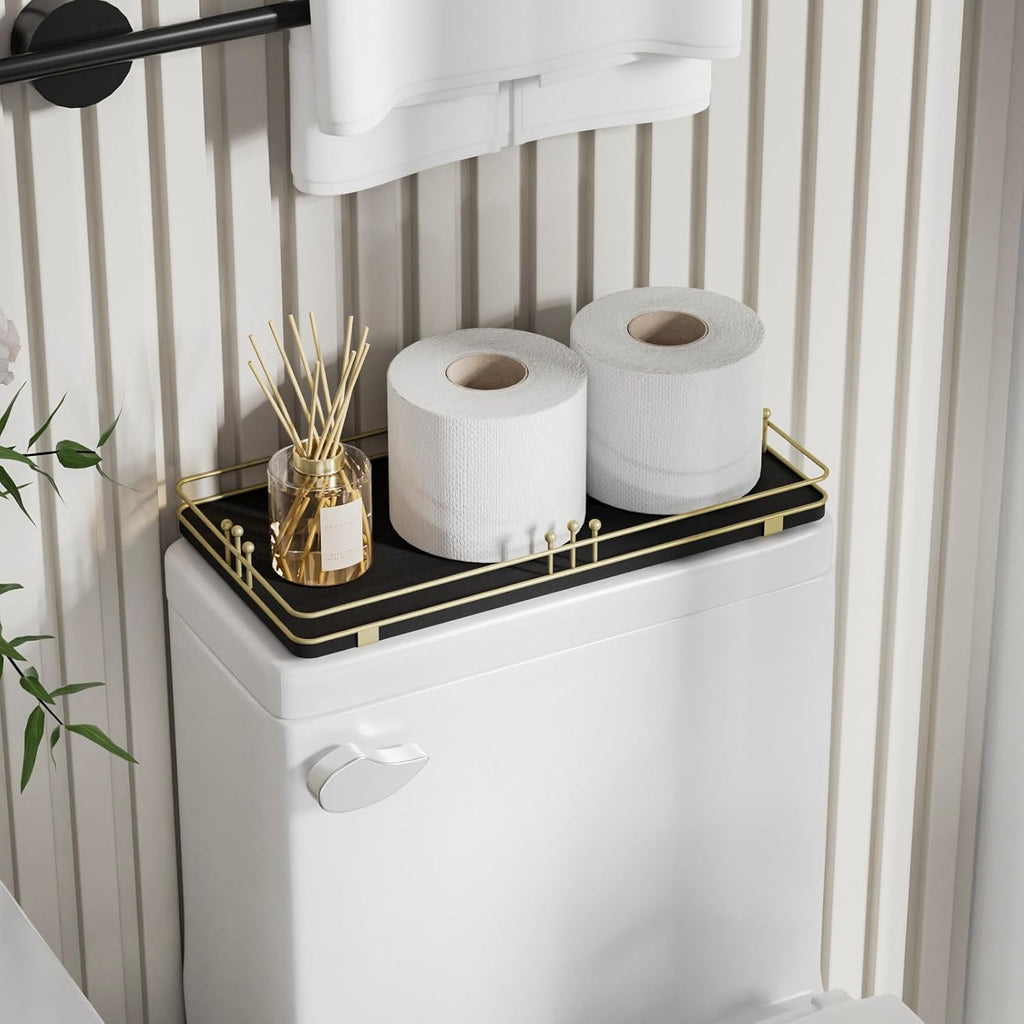 Toilet Tank Tray, Bathroom Basket, 13"x 6.5", Black-Gold