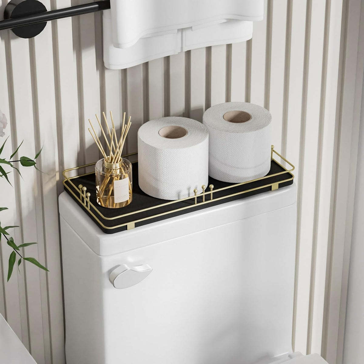 Toilet Tank Tray, Bathroom Basket, 13"x 6.5", Black-Gold