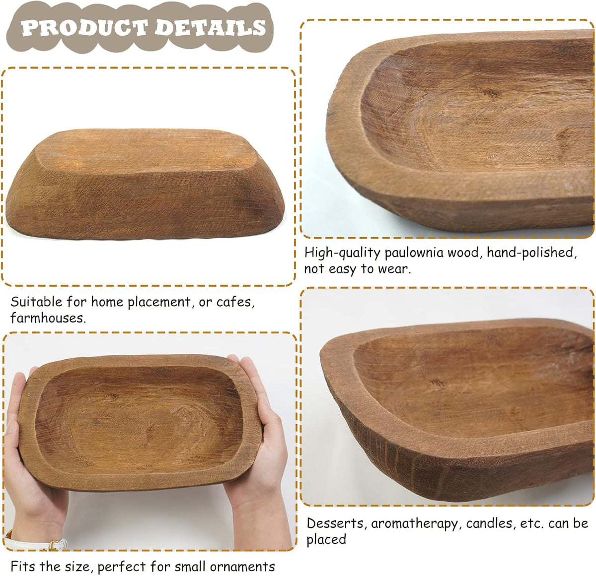 Decorative Bowl Vintage Wooden Dough Bowls Hand Carved, Farmhouse Country, Restaurant, Cafe Decoration, Place Bread, Fruit, Aromatherapy. (10x6x2in)