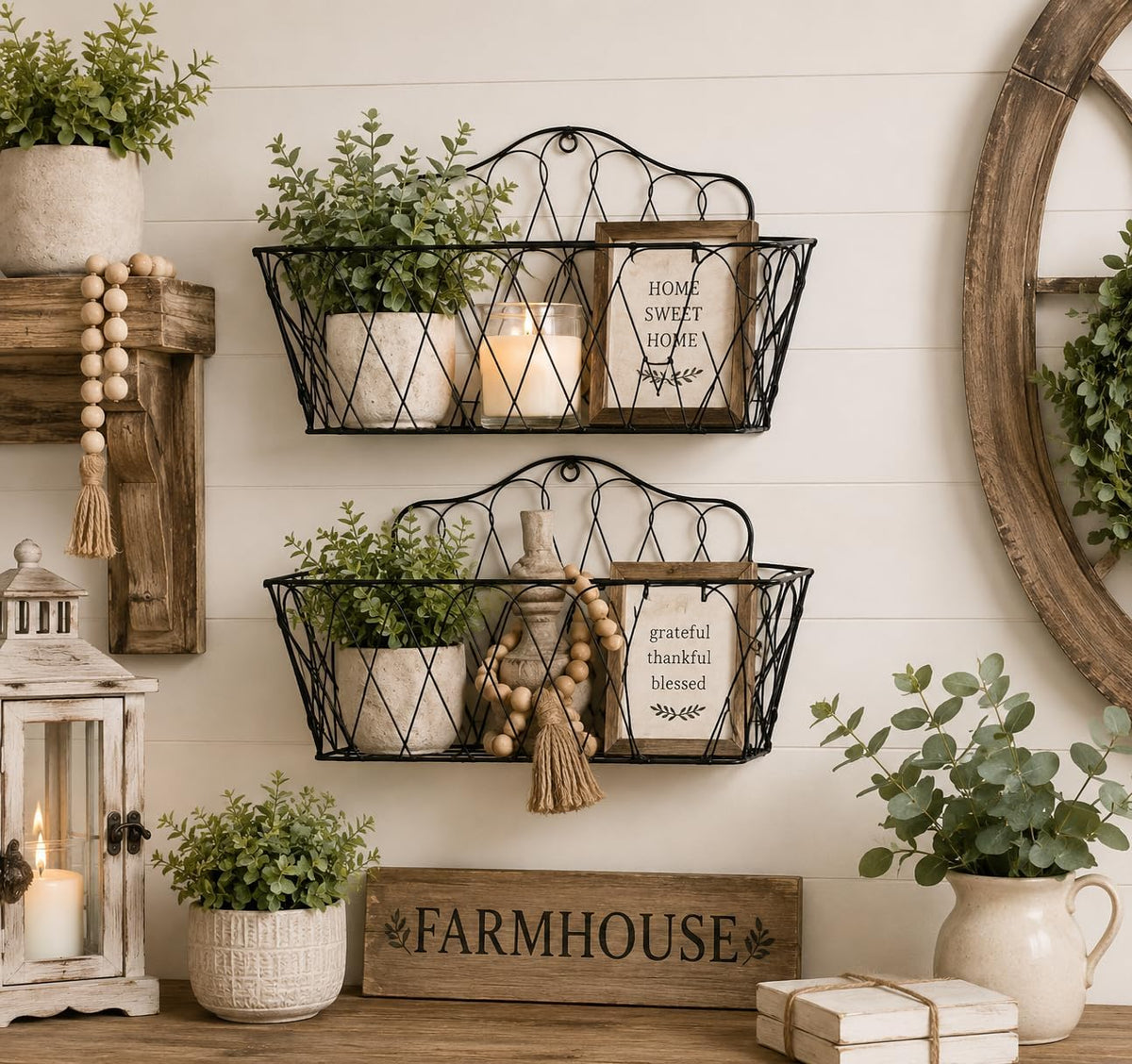 Farmhouse Hanging Wall Storage Baskets Set of 2, Metal Wire Wall-Mounted Basket Organizer for Fruits, Vegetables, Flowers, Kitchen, Pantry, Bathroom, Entryway, Rustic Home Decor