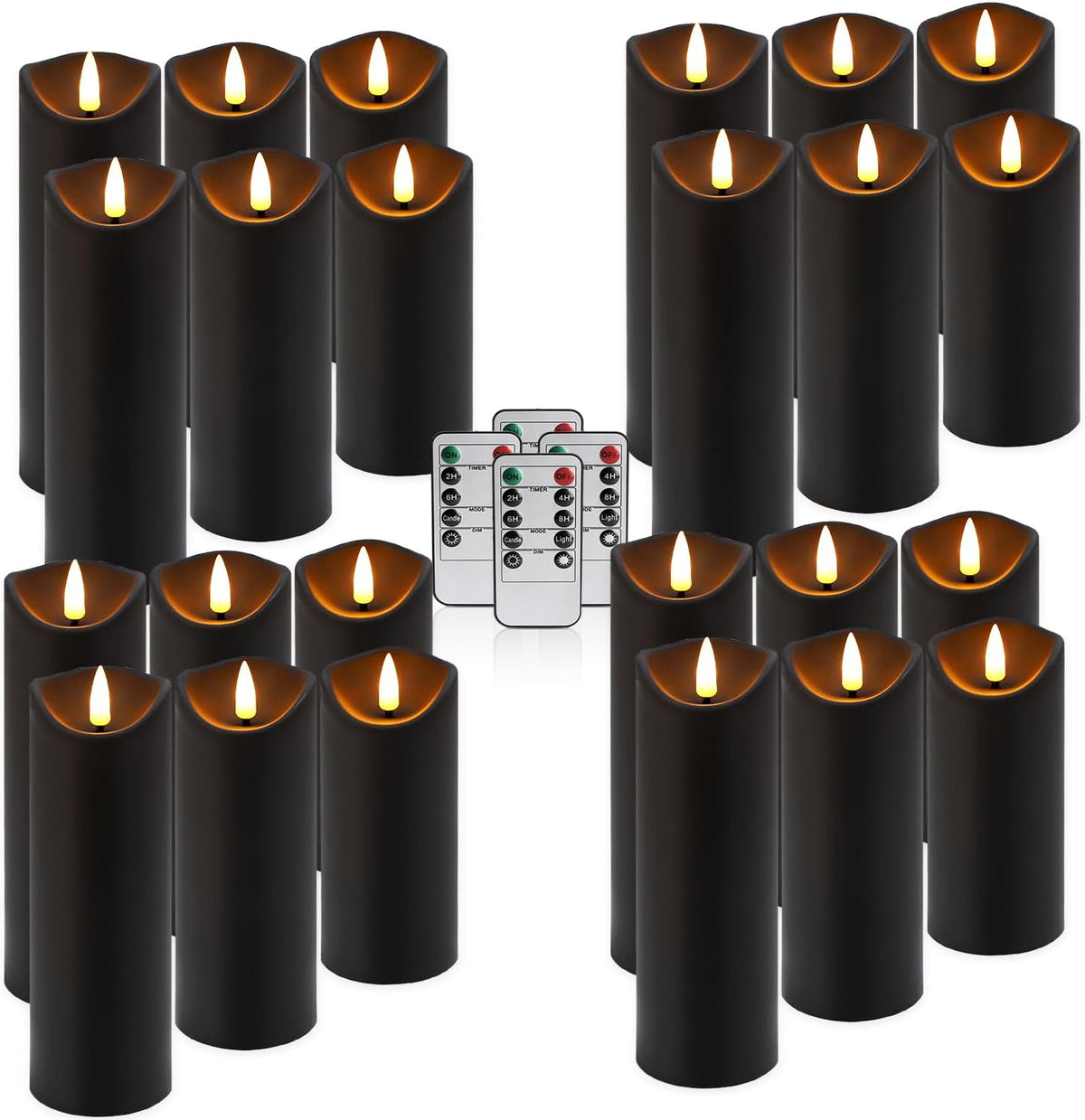 fclayvts Realistic Flameless LED Candle Black Set of 24, Battery Operated with Remote Control, 3D Flame Pillar Timer Funtion Melted Top Safe,Perfect for Indoor/Outdoor Decor,Wedding,BBQ and Gift