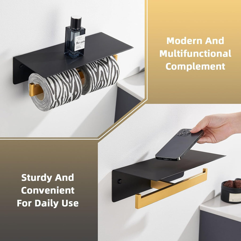 Angle Simple Bathroom Toilet Paper Holder with Phone Shelf, Black and Gold