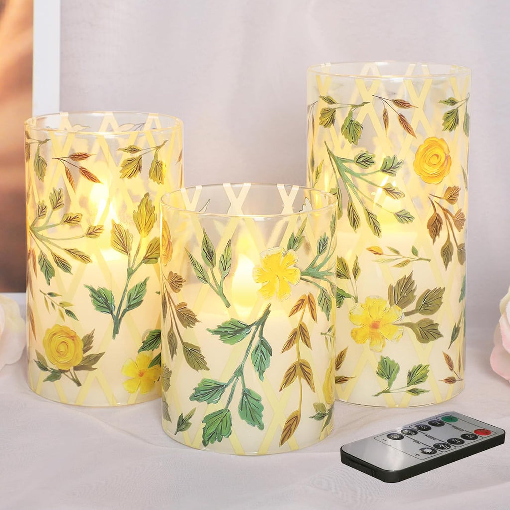 Yellow Glass Flameless Candles with Remote Vintage Rose LED Pillar Candles Battery Operated Timer & Dimmable Candle Light Rustic Farmhouse Decor for Room Wedding Table Centerpiece, 3 Pack