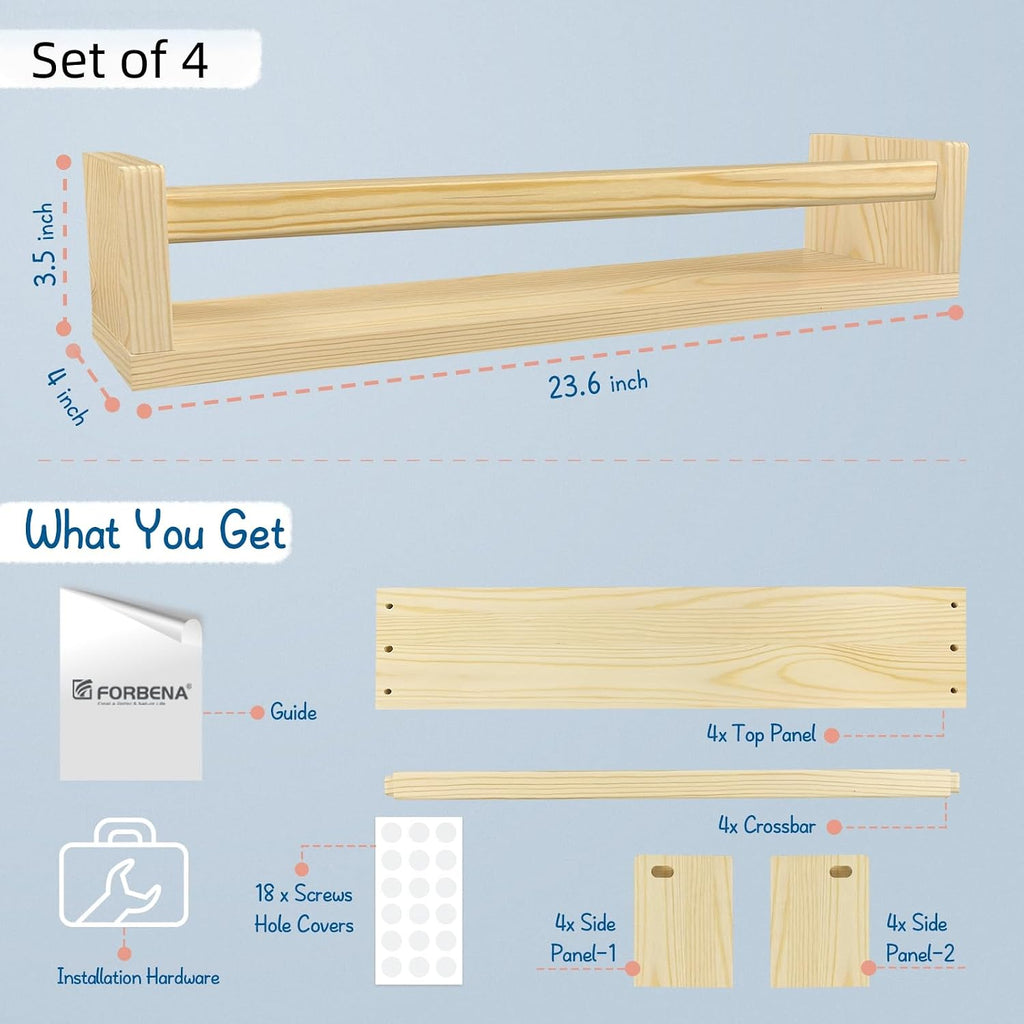Forbena Natural Wood Nursery Bookshelves for Wall, 24 Inches Long Floating Book Shelves, Wall Mounted Bookcase for Baby Teen Girl Boy Kids Room Bedroom, Playroom Organizer, Bathroom Decor (4-Pack)
