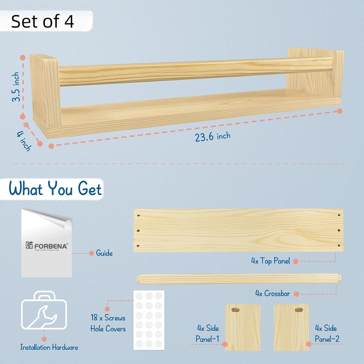 Forbena Natural Wood Nursery Bookshelves for Wall, 24 Inches Long Floating Book Shelves, Wall Mounted Bookcase for Baby Teen Girl Boy Kids Room Bedroom, Playroom Organizer, Bathroom Decor (4-Pack)