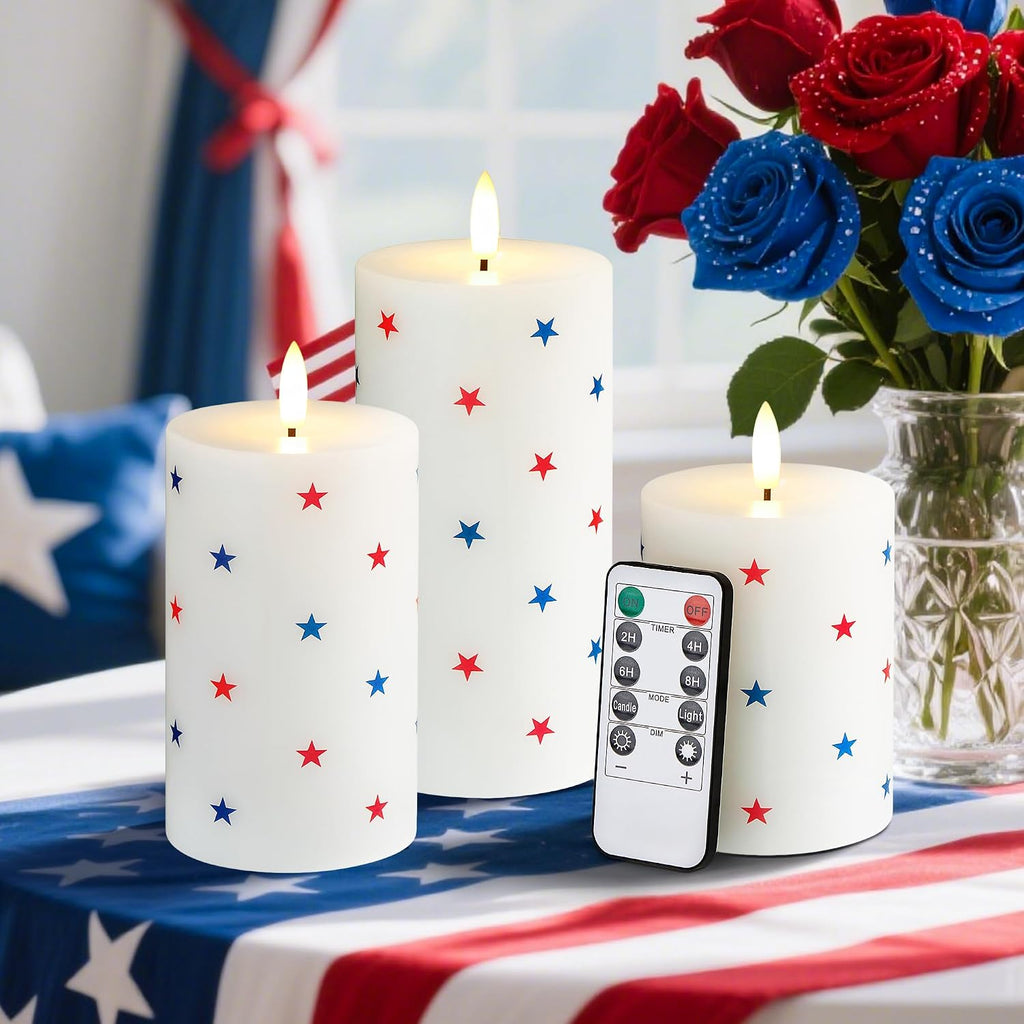 Flameless LED Candles, 3 Patriotic Americana Pillar Candles, Timer, Remote Ready, Stars Design for July 4th Memorial Day