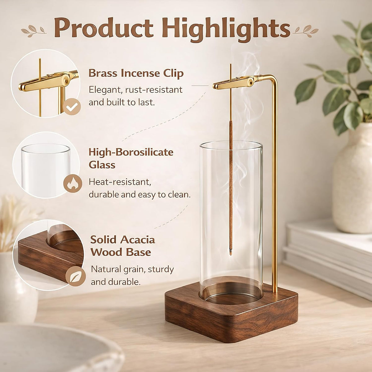 Incense Holder for Sticks with Glass Ash Catcher, Anti-Ash Flying Upside Down Insence Stick Burner, Modern Vertical Inscents-Sticks Holder for Yoga Spa Meditation Home Decor